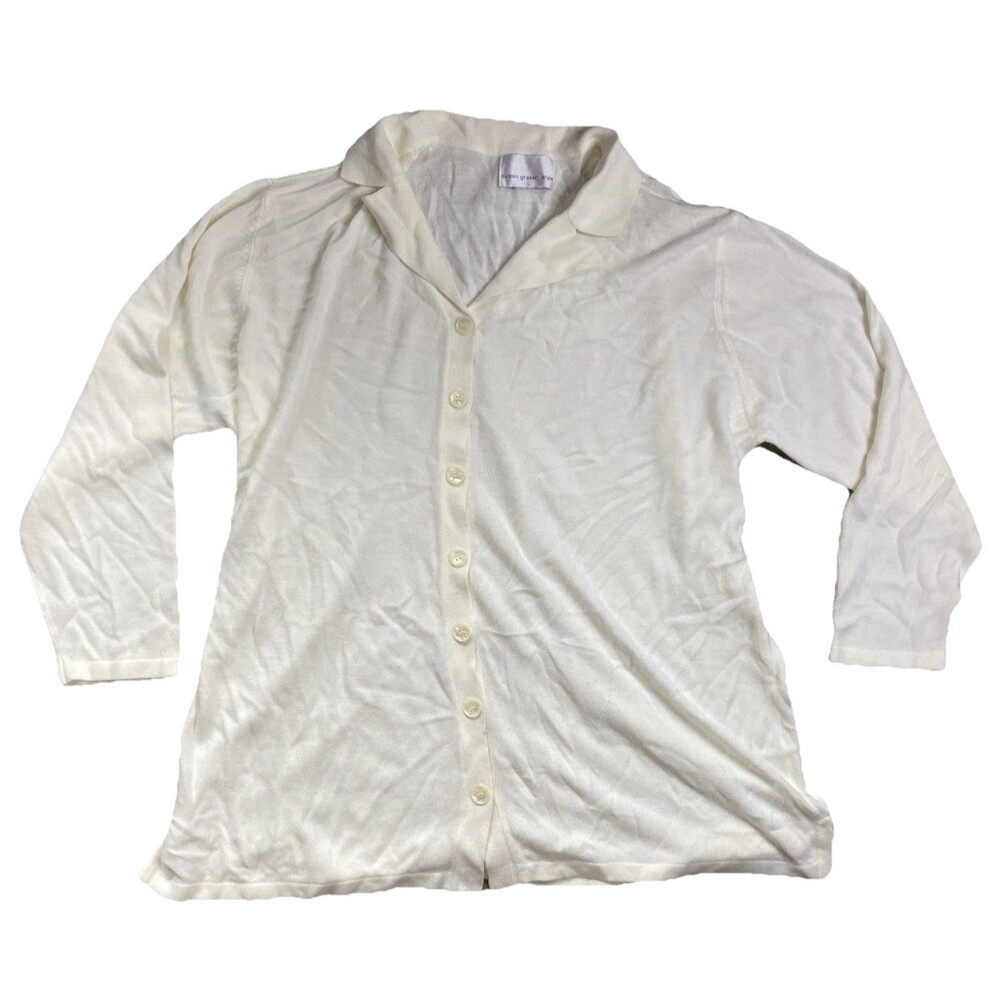 Susan Graver Weekend Jersey Knit Button Front Cardigan White Cream Long Sleeve